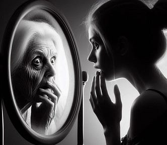 Black and white image of a young light-skinned woman touching her hand to her face, as she looks in shock at an older, wrinkled, white haired version of herself in a round mirror.