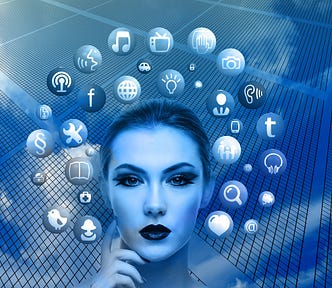 Image of a light-skinned young woman’s face with various icons surrounding her head, with a grid and blue sky with clouds behind her. She has a serious expression, makeup, and a hand reaching her cheek.