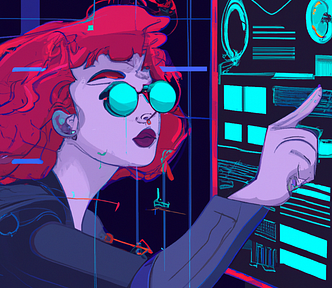 A cyberpunk illustration of a researcher measuring the user experience of a digital product.