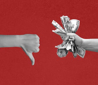 An illustration of two hands in a textured red background. The hand on the left shows a thumbs down. The hand on the right offers some wrinkled money.
