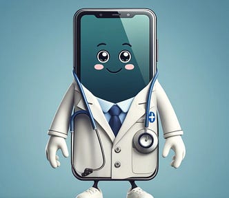 A cartoon of a phone dressed as a doctor, complete with a lab coat and stethoscope.