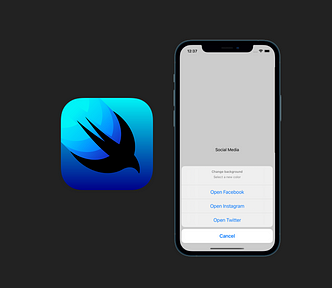 SwiftUI logo with an iPhone displaying an Action Sheet