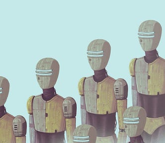 A digital illustration of robots marching.