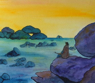 This watercolor is of alone traveler sitting on a rock formation. The scene is very meditative.