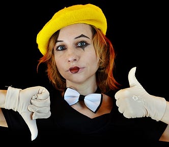 Thumb up or thumb down, yes/no, girl in yellow beret as mime artist