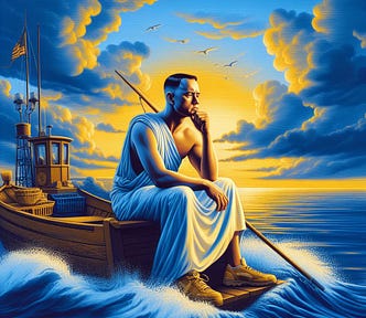Gump in toga on his boat pondering life