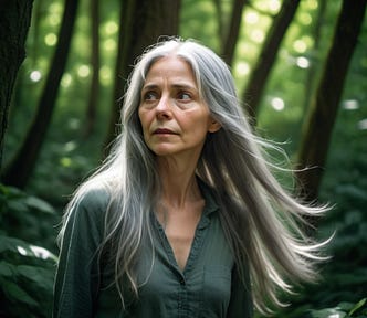 Woman with long gray hair lost in a forest looking for her friends.