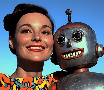 photo of a vintage looking woman with a friendly looking robot, happy together like friends, bright and sunny day, AI image created on midjourney by henrique centieiro and bee lee