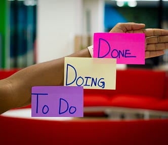 A picture showing three post-it notes that say: To Do, Doing, and Done