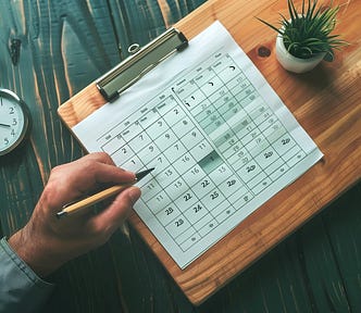 An overhead view of a person’s hand holding a pencil over a printed monthly calendar lying on a wooden desk. Next to the calendar are a silver clipboard clip, a small potted plant, and an analog clock showing approximately 10:09. The desk has a rustic, dark green finish.