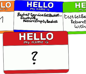 Three name tags with the test naming schemes discussed in this article.