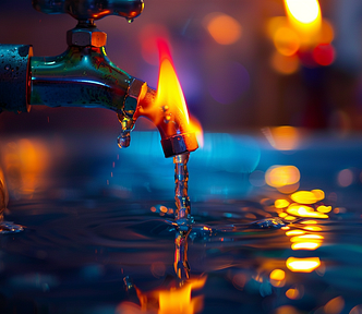 a tap water faucet with flames coming out of it. Jet fuel in Hawaii’s tap water