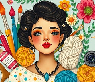 Image shows the colorful drawing of a woman with black hair, and symbols of all kinds of creative endeavors around her.