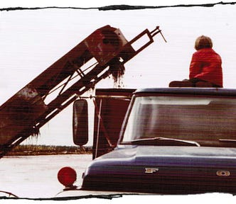 A young boy sits on the top of a truck. Beside him is a grain elevator with vines hanging off the top.