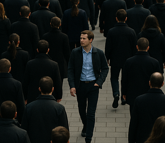 A lone individual walks against the flow of a large crowd, symbolizing courage, individuality, and the strength to stand out.