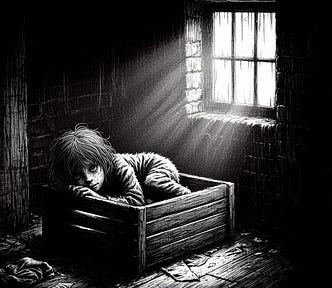 A black & white AI-generated line drawing of a young child curled up in a wooden crate with sunlight streaming in from a window in an otherwise dingy room.