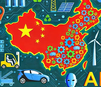 IMAGE: In a map of China, an illustration evoking a modern, hi-tech and sustainable image of a country that leads the way in solar and wind energy, in electric vehicles, in batteries, in manufacturing and even in artificial intelligence