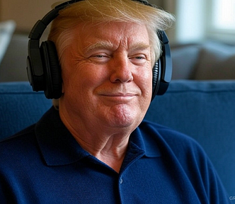 Trump listening to music wearing headphones.