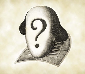 Head, hair, and collar of supposed author, with face replaced by a large question mark