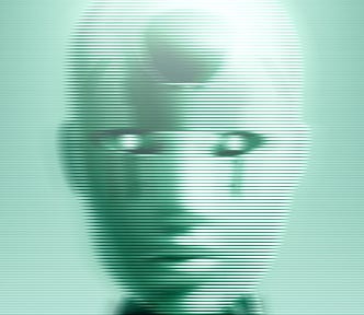 a humanoid robot face staring from a screen