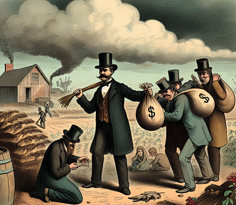An imagined Nineteenth-century editorial cartoon of government agents collecting taxes on a poor farm.