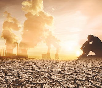 Lonely Person in Barren and Polluted Landscape