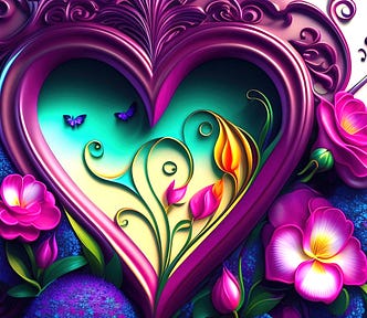 scroll-style heart surrounded by flowers