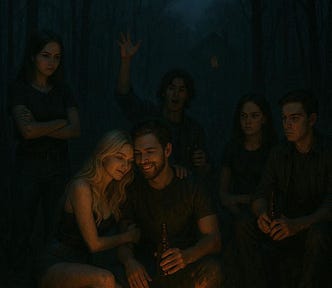 It’s dusk. A group of six young adults — three men and three women — are gathered around a campfire, partying in the isolated woods. In the background, through the dense forest, you can barely see the faint outline of a derelict house. A lone window on the second story glows with a yellow light. The scene is creepy, haunting and ominous. One of the women an attractive blonde is cozying up to a guy. The other two women look disapproving.