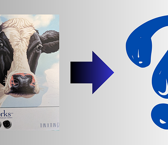 On a gray gradient background, a picture of the cow paint-by-number set promo photo including the PaintWorks logo sits on the left. The set is a close-up of the face and neck of a cow looking at the viewer on a light blue sky background with clouds. An arrow with a black-to-blue gradient sits in the middle and ad graphic of a blue hand-drawn bubble question mark, not completely filled in sits on the right, conveying the possibility of what the set could become with the artistic freedom provided.