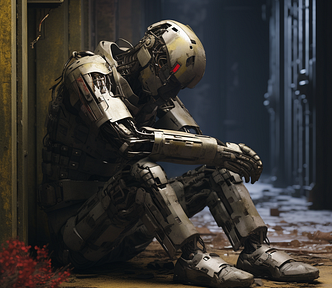 Robot soldier sitting in a shelter.