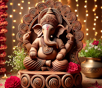 A beautifully crafted eco-friendly Ganesh idol made of red soil (Geru Mitti), seated in a peaceful posture with intricate traditional designs, adorned with fresh flowers, and surrounded by a festive background with warm lighting.