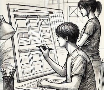 Drawing of one person sketching while another observes.