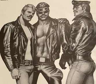Three muscular gay men in leather jackets