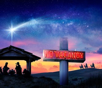nativity scene with No Vacancy sign in front, wise men on camels in background