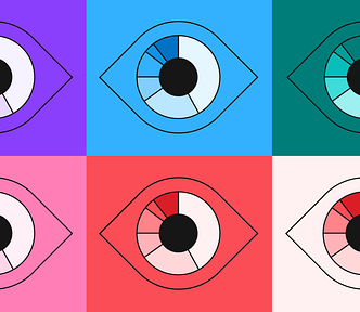 An illustration showing a grid of 6 images of the same eye in colors from the categorical palette.
