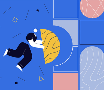 Illustration of a human figure placing a missing peice into a grid of patterned shapes