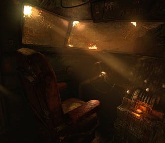 The broken interior of a an antique cockpit. Light rays are coming through a darkened broken windshield…
