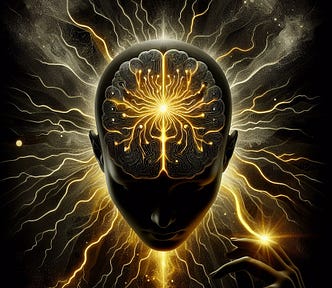 AI art of a dark human head and mind with all its wiring electrified in dazzling yellow streaks