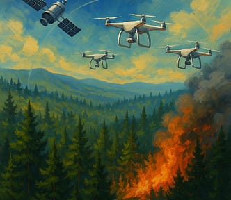 IMAGE: Aerial digital illustration of a Mediterranean forest fire, with three drones and a satellite monitoring the flames from above