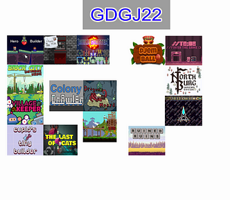 Images from GDevelop game jam 2022 form a G and J text