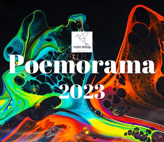 A colourful digital abstract on a black background with the title, ‘Poemorama 2023’ in bold white font in the centre and Paper Poetry’s small white square logo above it.