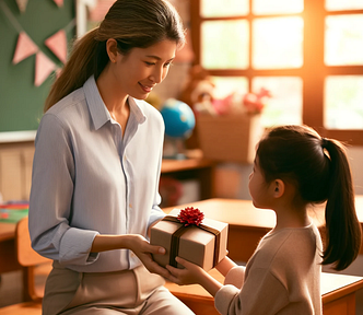 Emma is showing generosity by giving her teacher a thoughtful gift in a warmly decorated classroom. This scene captures the profound impact of recognizing and appreciating kindness, enhanced by the emotional connection between the teacher and her student.