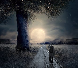 A man with a hat, backpack and long coat walking a path next to a large tree, toward a full moon on the horizon.