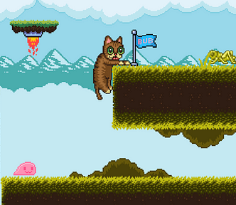 Lil Bub jumps on a grass ledge after sporting a grasshopper in beautiful blue sky surroundings and escaping a slime
