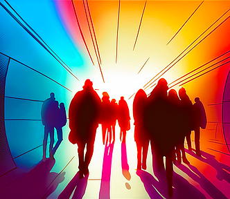 Representing the future of UX: View directly behind a backlit group of people in the center, walking down a hallway toward a distant opening that has multicolored rays shining from it in all directions.