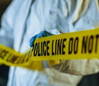 Police crime tape and crime scene technician in body protection suit — I Woke Up to Blood Leaking From My Ceiling (Ana Cardenas)