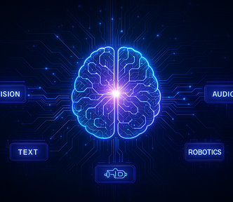 A futuristic AI brain or neural network core, glowing with electric blue and purple hues, connected via luminous circuits to multiple modular units, each representing different AI model types (like vision, text, audio, and robotics), all set against a sleek, high-tech interface background — a tech-forward, cybernetic aesthetic.