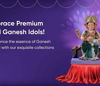 “Promotional banner featuring a beautifully crafted Ganesh idol with the tagline ‘Pre-Book Your Ganesh Idol Today!’ along with Majha Morya’s website link and booking details.”
