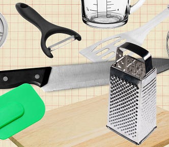 A collage of various kitchen items: chef’s knife, measuring cup, metal spatula, silicone spatula, balloon whisk, box grater, vegetable peeler, and dial thermometer.
