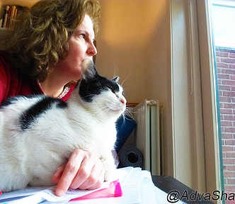 The author resting her hand on papers, a cat resting on her hand, both looking aside through a window.